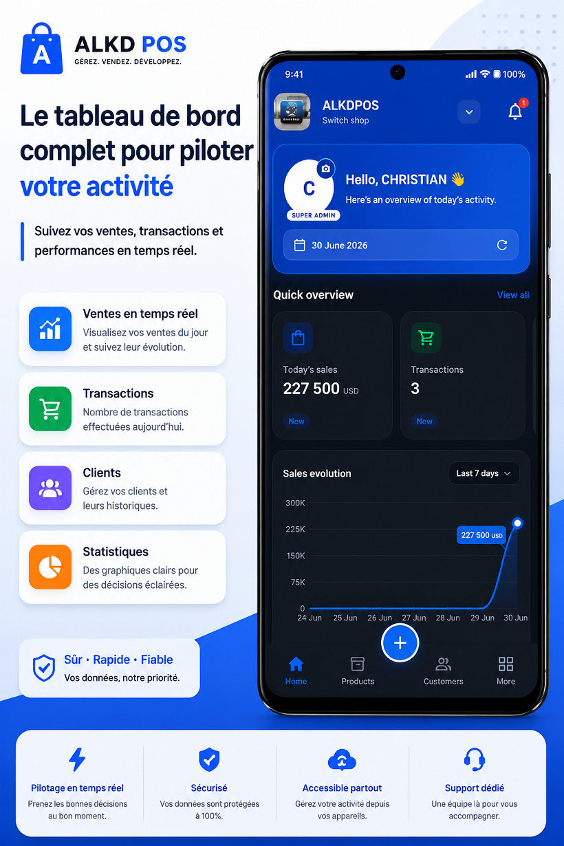 ALKD POS — Tableau de bord : ventes, bénéfices et tendances en temps réel