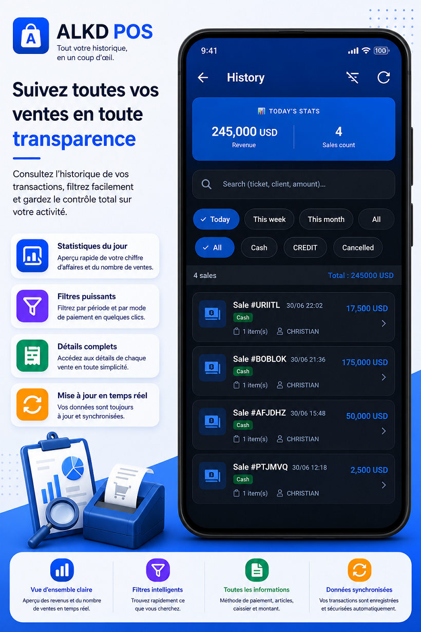 ALKD POS — Historique des ventes avec filtres